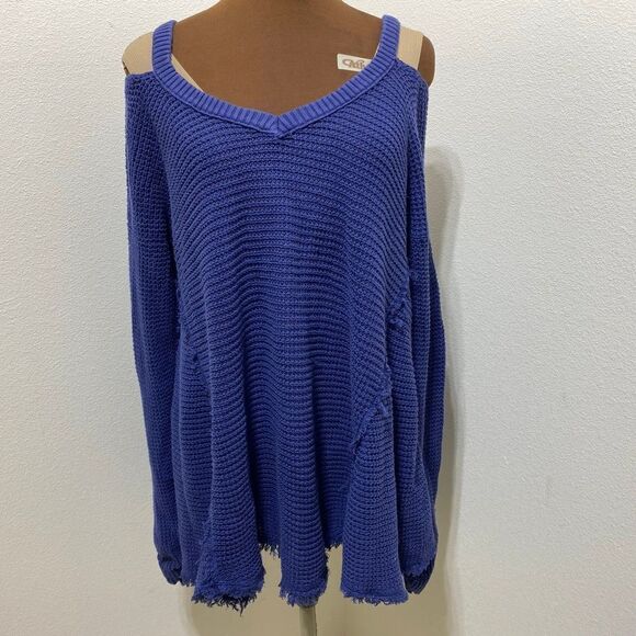 Free People Moonshine Sweater Large Blue V-Neck Long Sleeve Boho Crochet Fringe - Picture 1 of 9